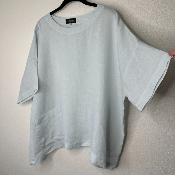 Eskandar Light Blue Boxy Linen Short Sleeve Front Pocket Round Neck Blouse Top 6 - Picture 3 of 12